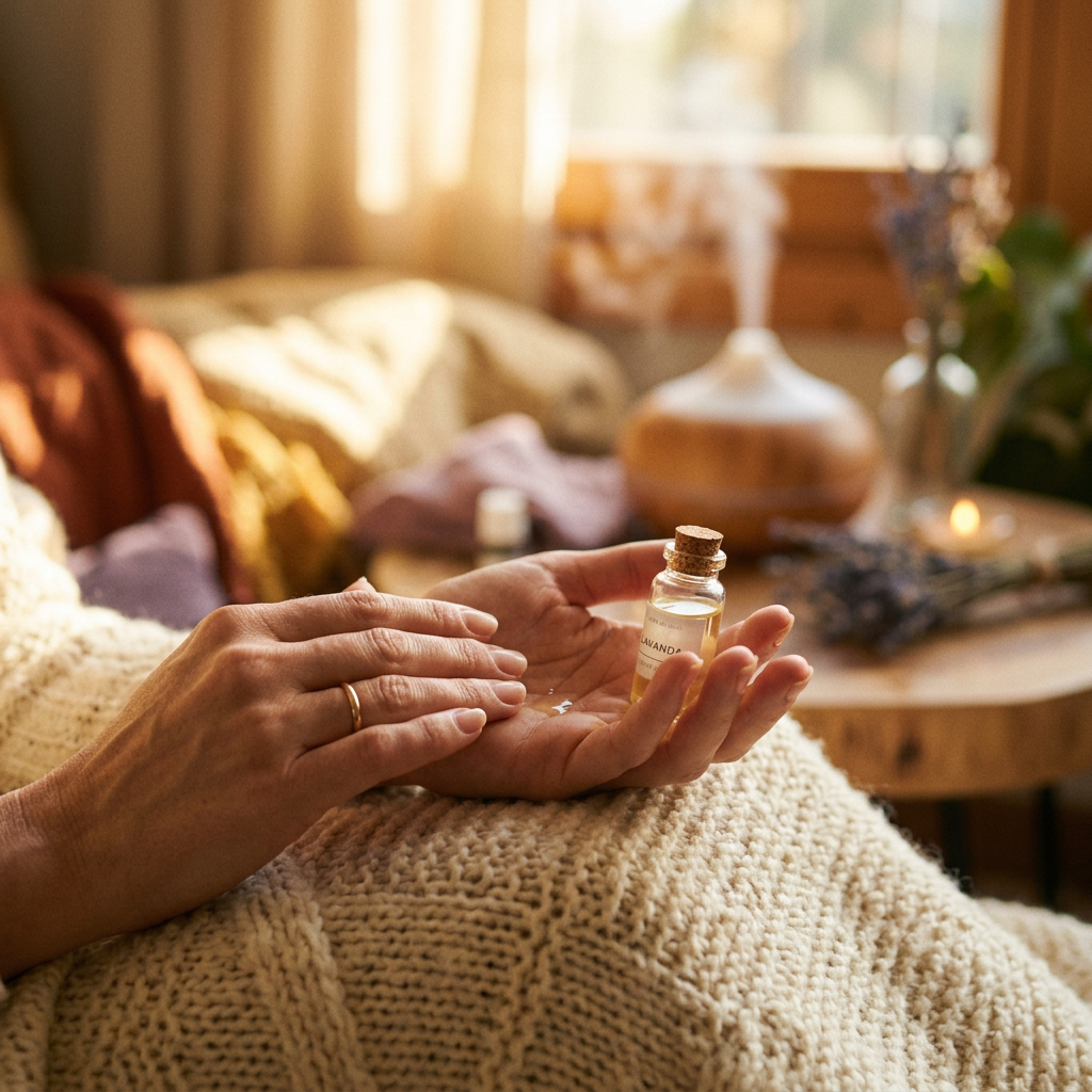 Hands applying lavender essential oil from a small bottle