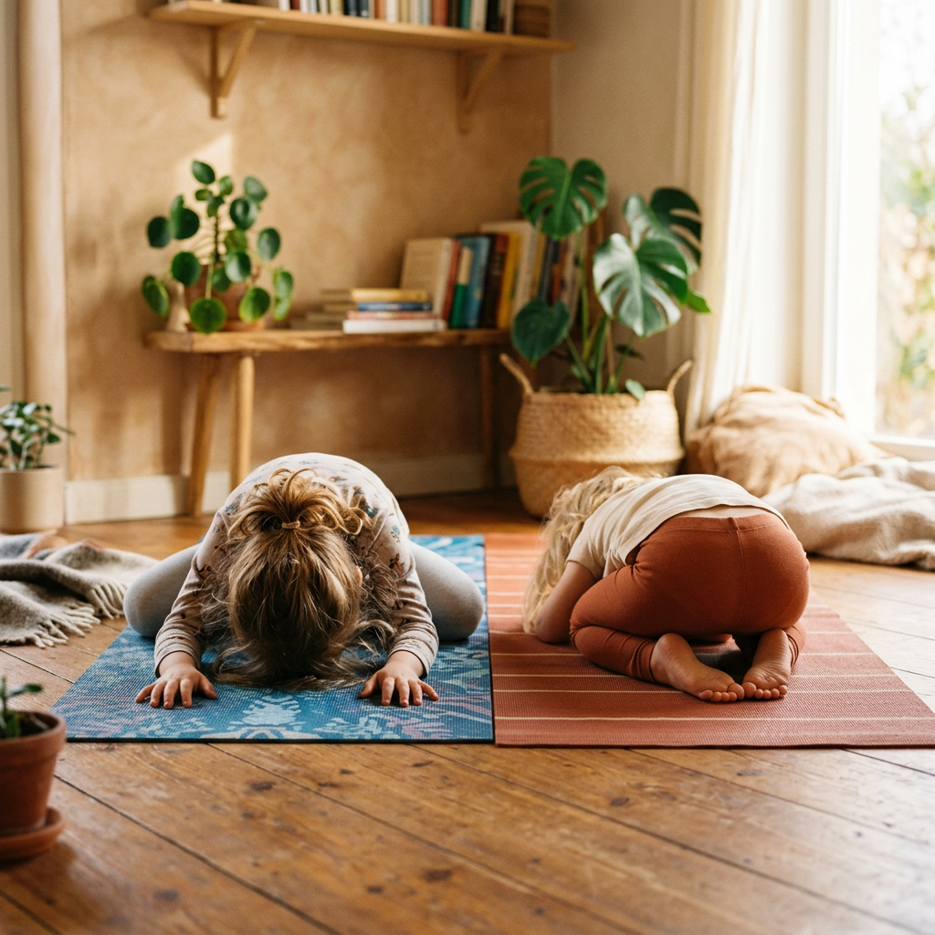 Two children performing child's pose yoga stretch on mats indoors