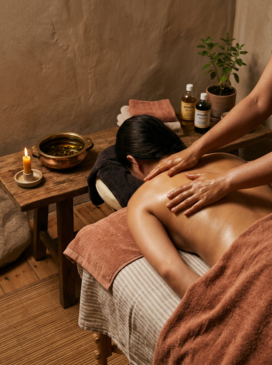 Warm ayurvedic massage, candle, no face visible